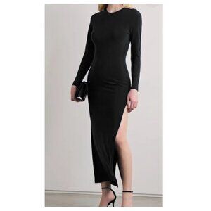 KAMALIKULTURE Womens Long Sleeve Solid Fitted Maxi Dress Black Size XL Slit